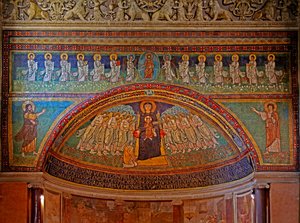East End and Apse: Christ and 12 Apostles, Moses and Elias Below: Within the Apse are the Virgin & Child with Donor (Pope Paschal) and Angels